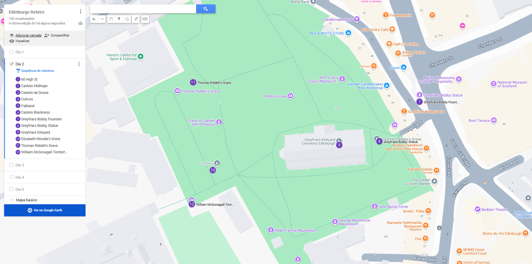 Mapa do cemitério Greyfriars Kirkyard com pontos numerados do Bobby e túmulos de Harry Potter.