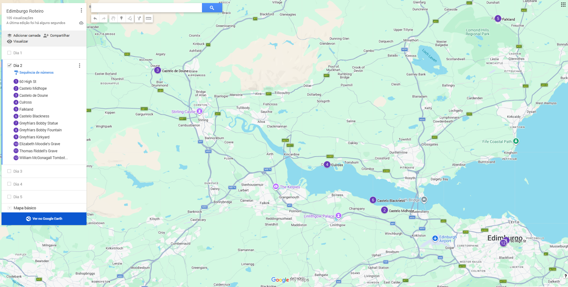 Mapa da região do Reino de Fife na Escócia mostrando os 5 castelos e locações de Outlander visitados.