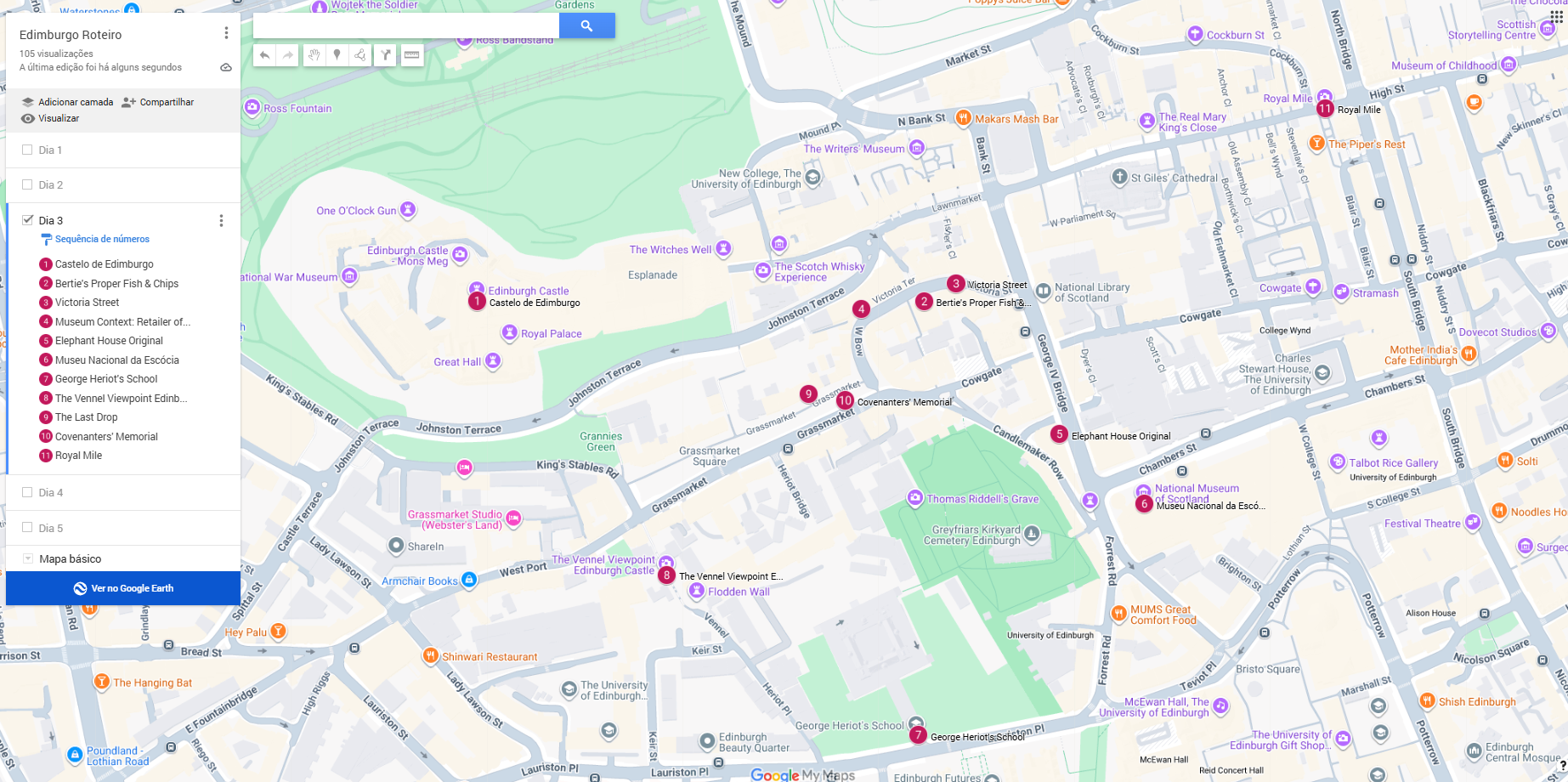 Mapa da Old Town de Edimburgo mostrando o roteiro do Dia 3, do Castelo ao Grassmarket
