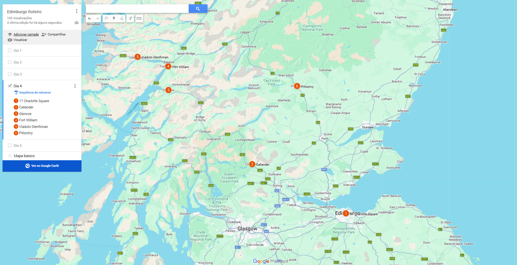 Mapa das Highlands escocesas mostrando o trajeto do tour do Dia 4 saindo de Edimburgo.