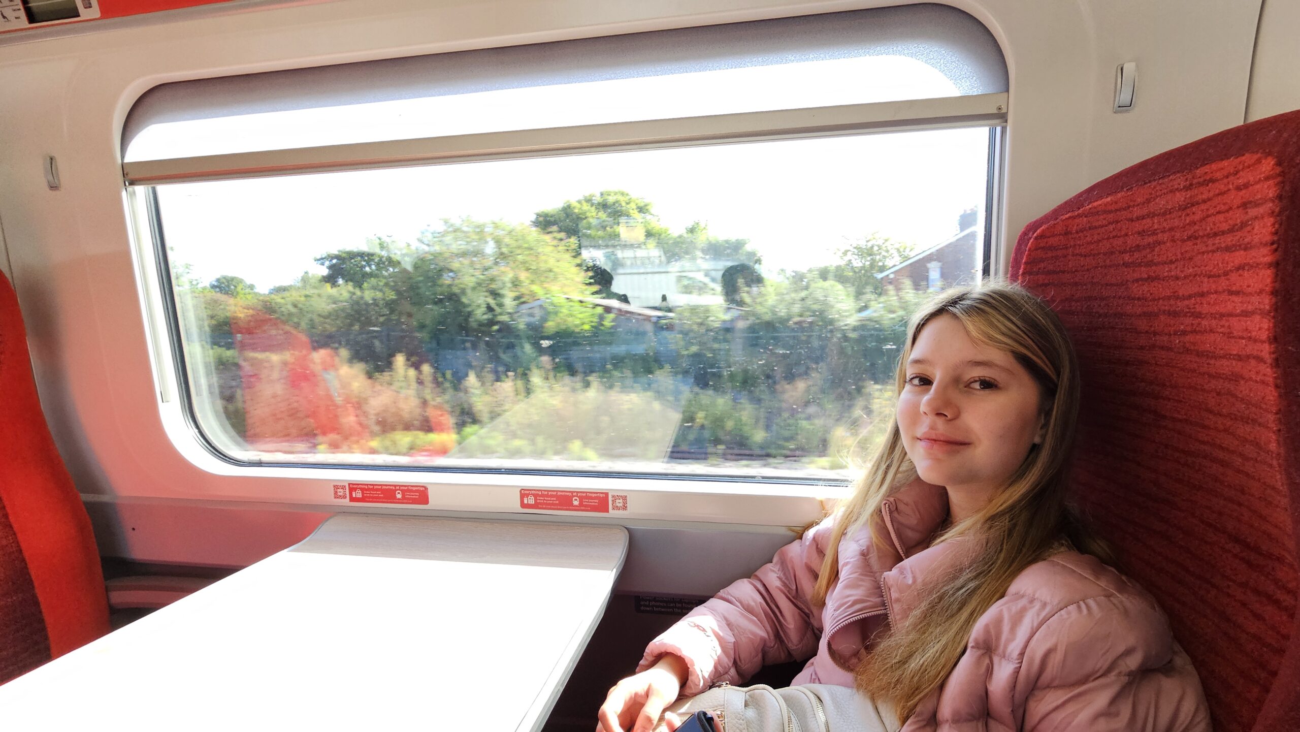 Como ir de Londres a Edimburgo de trem: Anna Clara a bordo do trem LNER com a paisagem pela janela