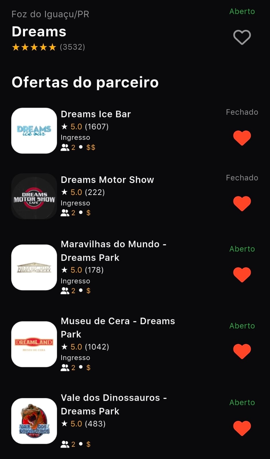 Tela do app Prime Gourmet mostrando as cinco atrações do Complexo Dreamland em Foz do Iguaçu com desconto compre 1 ganhe 1