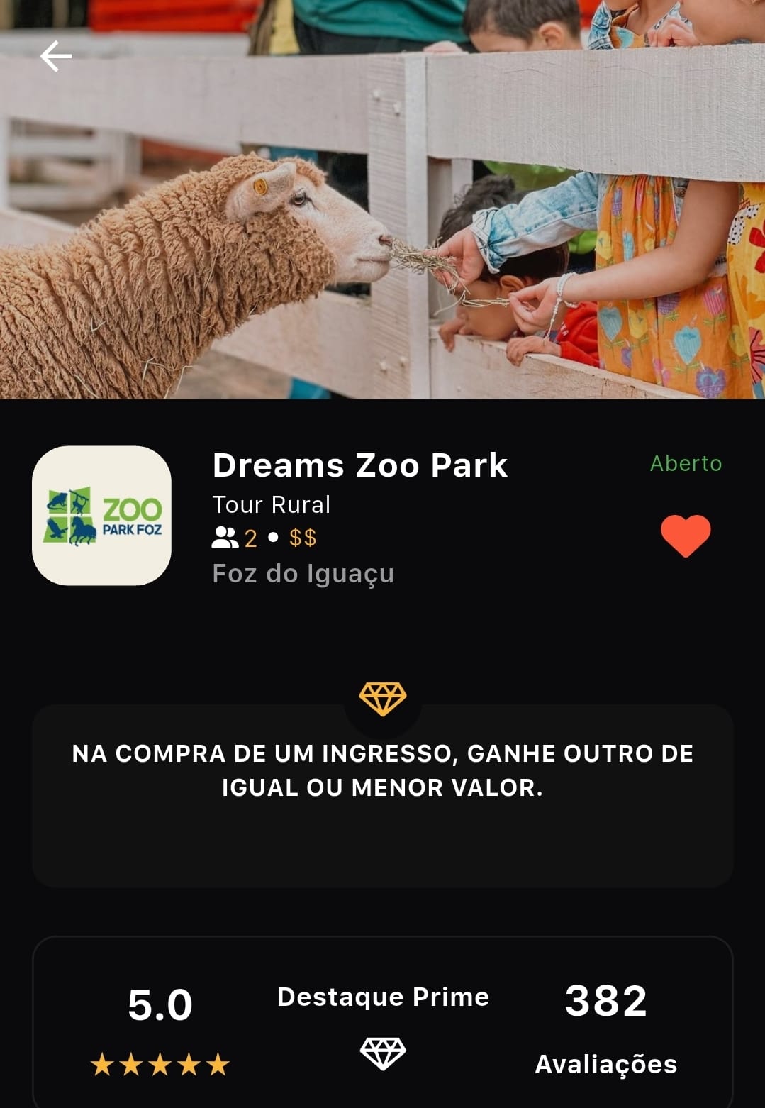 Tela do app Prime Gourmet mostrando a oferta do Dreams Zoo Park em Foz do Iguaçu — compra um ingresso, ganha outro de igual ou menor valor
