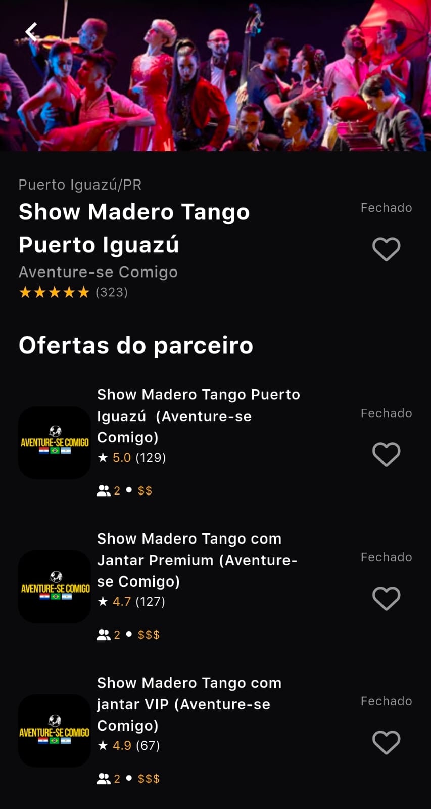 Tela do app Prime Gourmet mostrando a oferta do Show Madero Tango em Puerto Iguazú Argentina — compra um show com jantar Premium, ganha outro