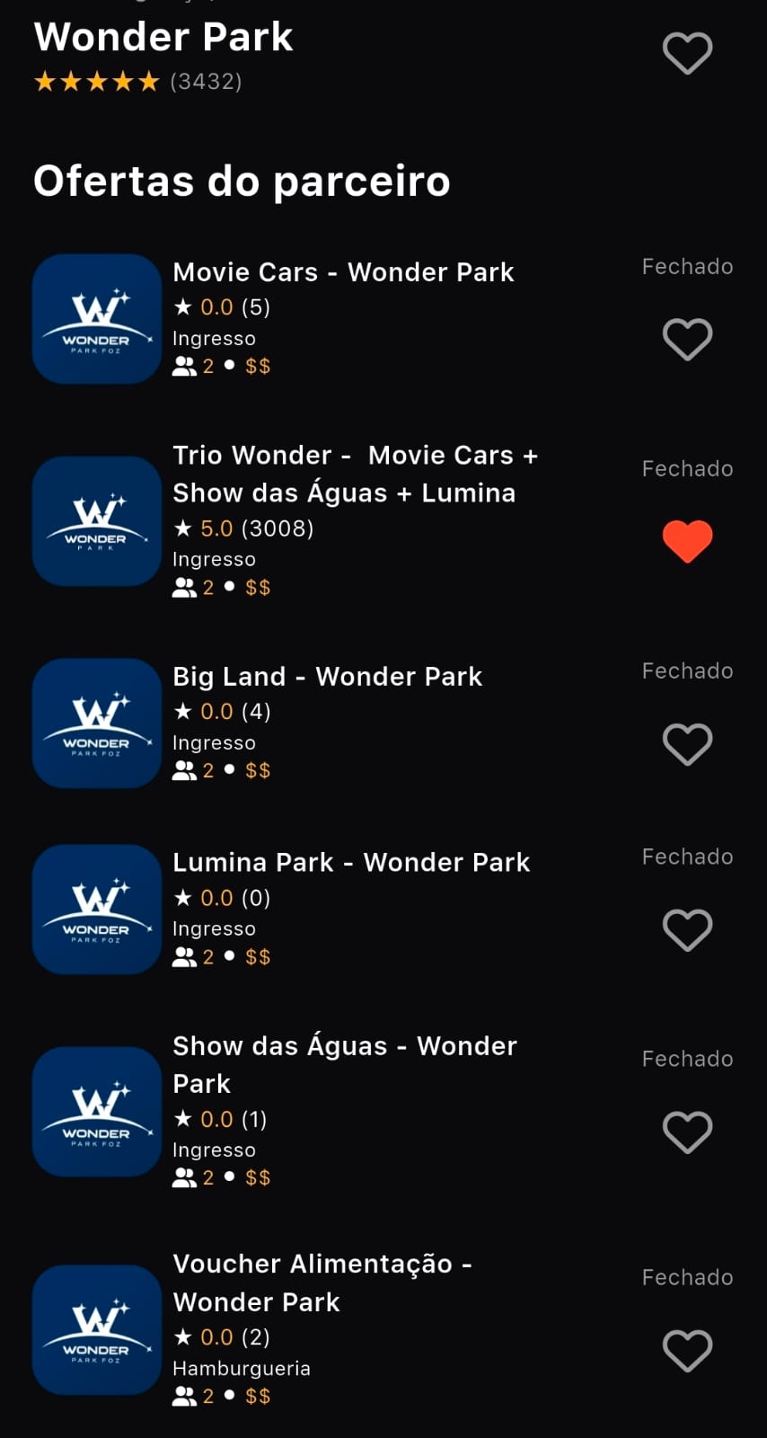 Tela do app Prime Gourmet com a lista de ofertas do Wonder Park em Foz do Iguaçu: Movie Cars, Trio Wonder, Big Land, Lumina Park, Show das Águas e Voucher Alimentação